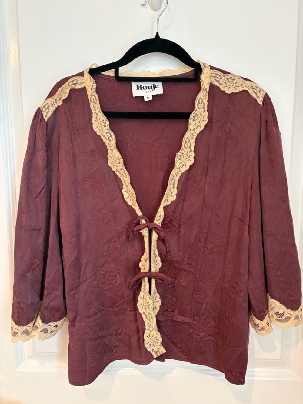 Rouje Aldo Burgundy Blouse Lace Accents